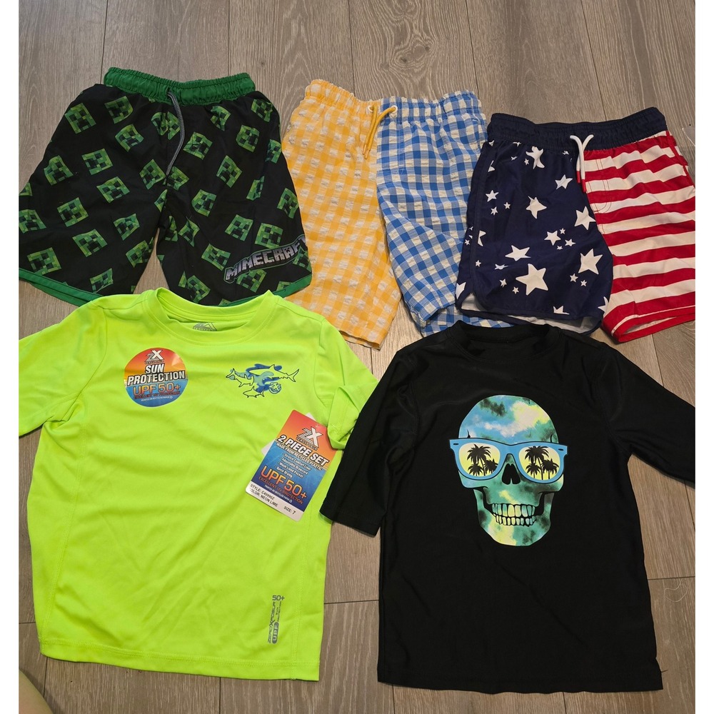 Boys Swim Trunks & Rash Guard Lot Size 6/7 5pc Set